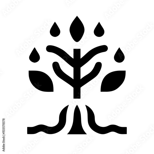 Elegant tree with leaves and water droplets representing growth and sustainability, black and white design