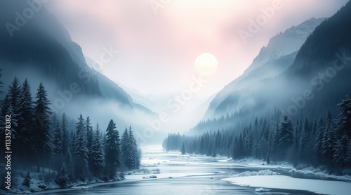 Snowy Landscapes with Mountains, Forests, and Frozen Rivers