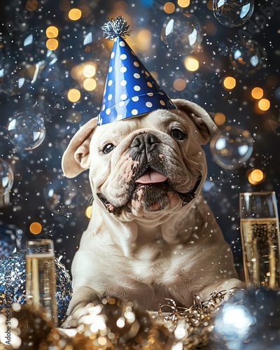 Robust Bulldog in royal blue polka dot party hat, surrounded by champagne bubbles and party decorations, comedic celebration vibes