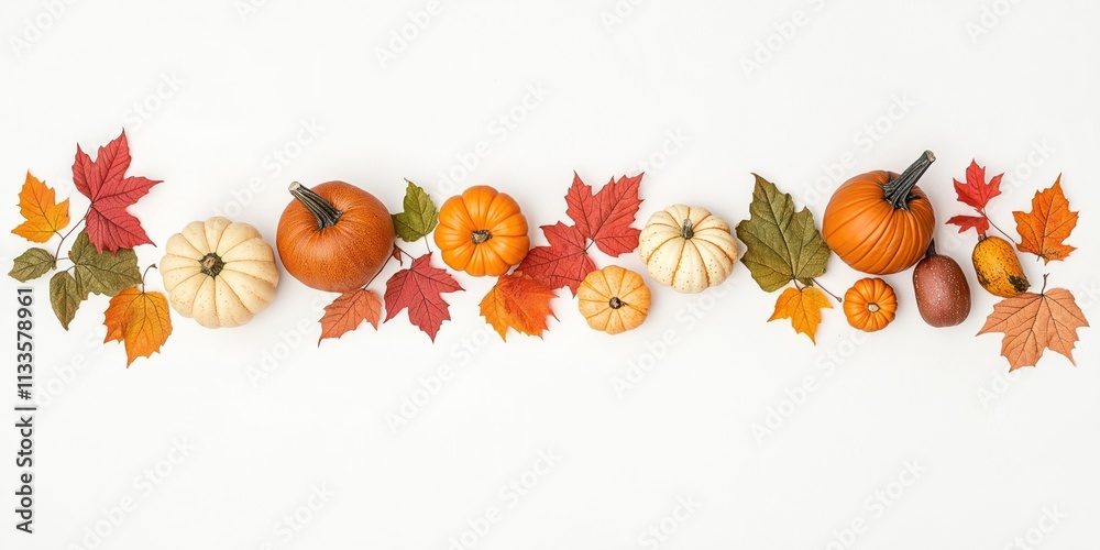 Fototapeta premium Autumnal display of pumpkins, leaves. Small pumpkins in orange, cream colors. Colorful autumn leaves in reds oranges, browns. Arrangement on plain white background. Image evokes sense of fall