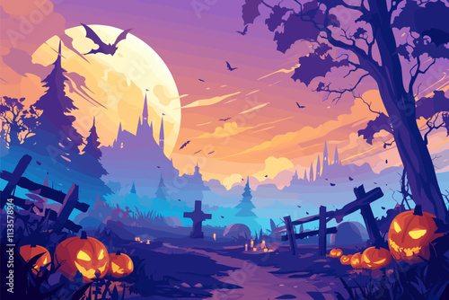 Halloween themed painting of a graveyard with a large moon in the background