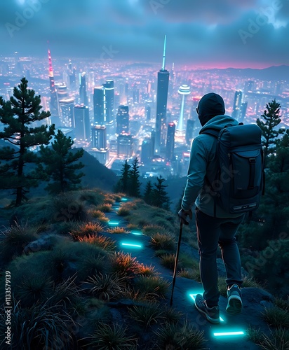Dusk Hiker on Rocky Hilltop Overlooking City Skyline with Pink-Lit Building