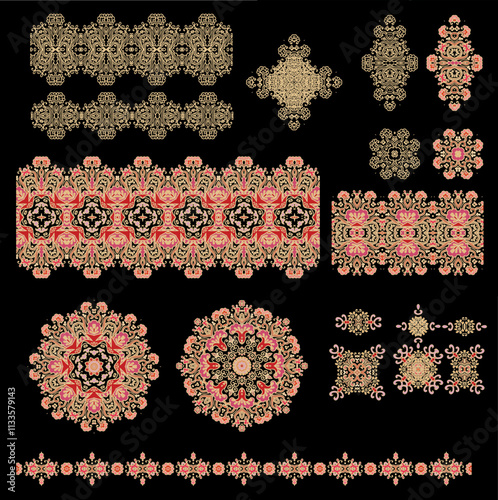 Set of laced decorative vignettes - rosettes on dark background	