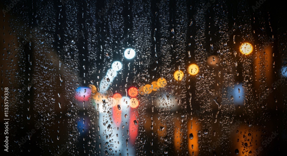 A close-up of raindrops on a window with blurred city lights in the background A close-up of raindrops on a window with blurred city lights in the background