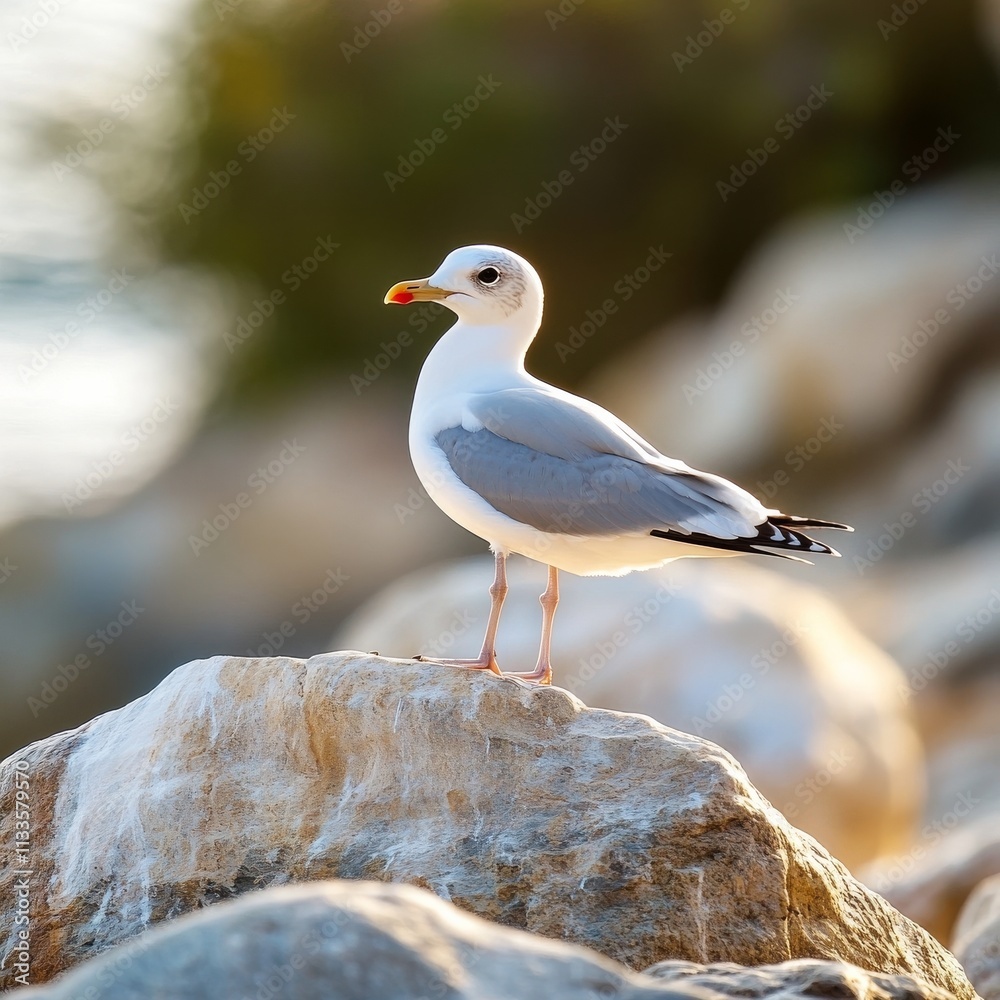 Fototapeta premium Cute gull, rocks, space for words