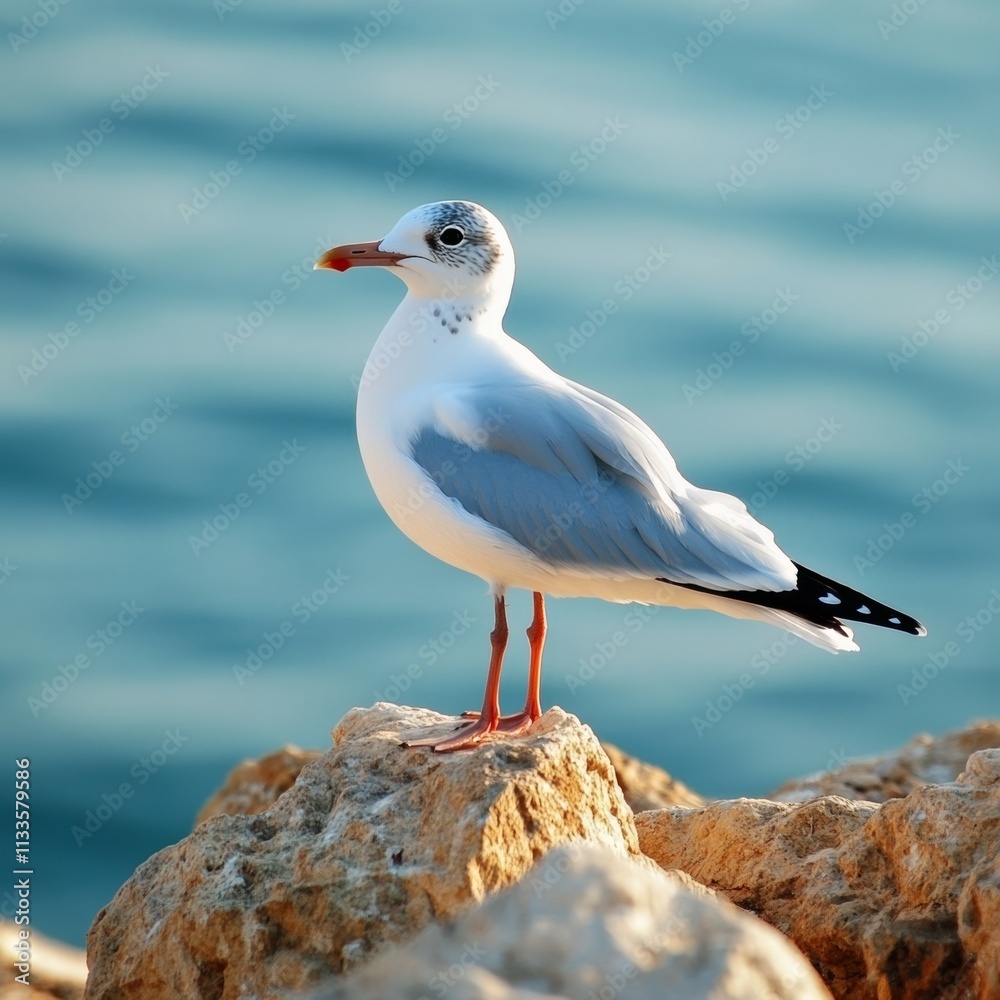 Obraz premium Adorable gull, rocks, copy space