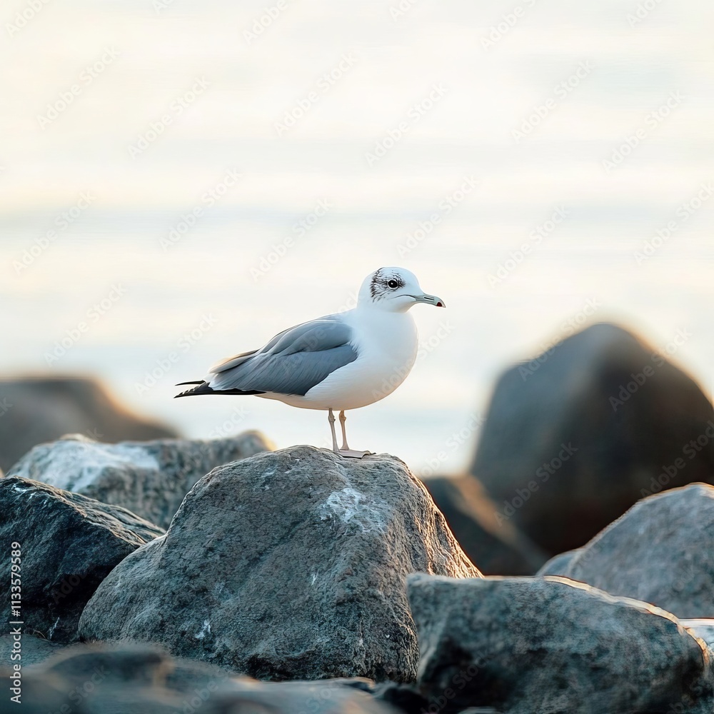White gull on rocks, space for text White gull on rocks, space for text