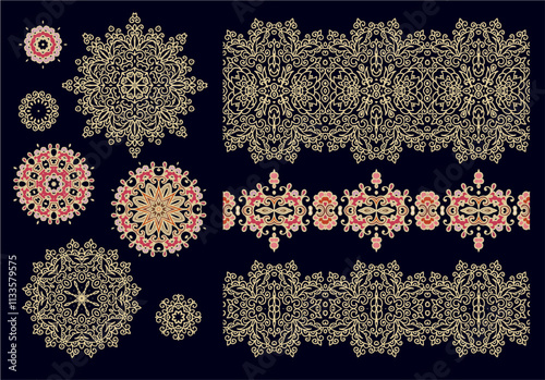Set of laced decorative vignettes - rosettes, flourish border ornaments  on dark  background	