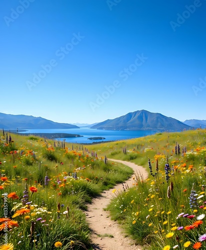 Art Deco Wildflower Meadow with Mountain Lake Path