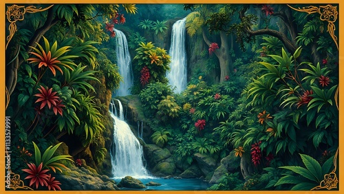 Enchanting Waterfall Rainbow Scene with Art Nouveau Border
