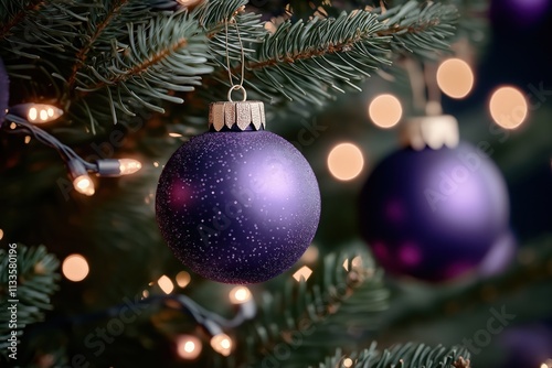 Purple Christmas ornaments hang on decorated tree with twinkling lights. Beautiful festive decoration. Holiday ambiance. Festive scene. Winter season cheer. Christmas tree lit up. Ornaments shimmer. photo