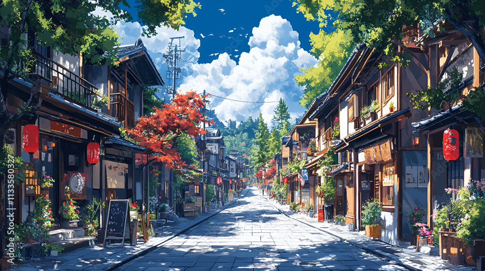 Obraz premium Sunny Day in a Quaint Japanese Street Village