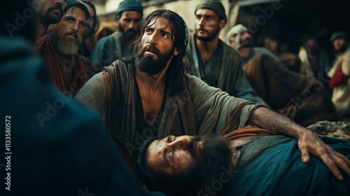 Jesus Heals the Paralytic: Jesus Christ Forgives and Heals a Paralyzed Man, Biblical New Testament Depiction Scene