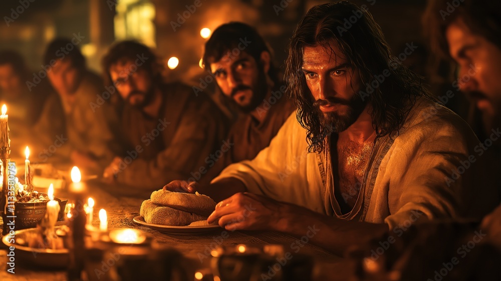 The Last Supper: Jesus Christ Shares Bread and Wine with his Disciples, Biblical New Testament Depiction, Copy Space The Last Supper: Jesus Christ Shares Bread and Wine with his Disciples, Biblical New Testament Depiction, Copy Space