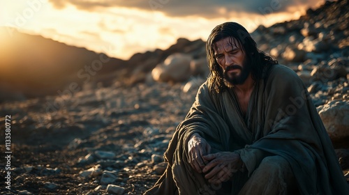 The First Temptation: Jesus Christ is Tempted in the Wilderness, Biblical New Testament Depiction, Copy Space