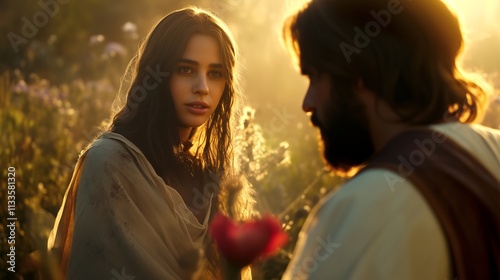 The Resurrection: Mary Magdalene Encounters the Risen Jesus in a Garden, Religion and Christianity Concept photo