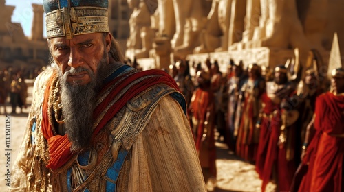 Majestic Egyptian Pharaoh in Ornate Garments Surrounded by Statues and Followers in Desert Temple Scene