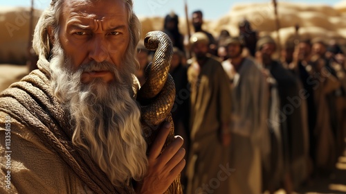 Moses Holds a Bronze Serpent as the Israelites Look on, Biblical Old Testament Depiction, Copy Space photo