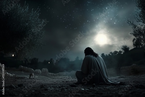 Jesus Christ Kneels in Prayer at the Garden of Gethsemane Under Olive Trees, Biblical New Testament Depiction, Copy Space