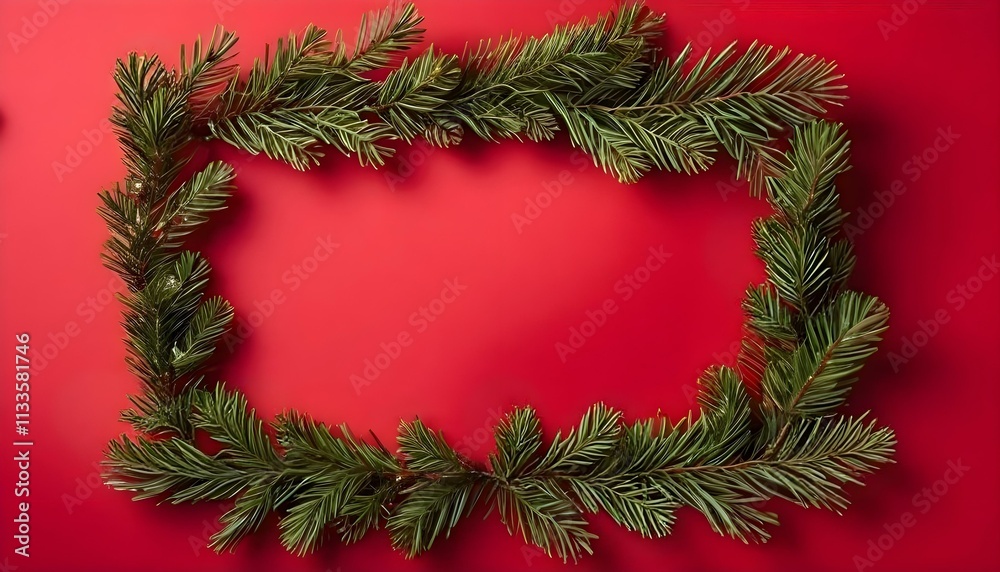 Frame made from christmas fir on red background Frame made from christmas fir on red background