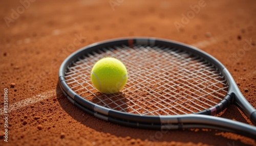 A tennis racket and ball on the court ready for a game