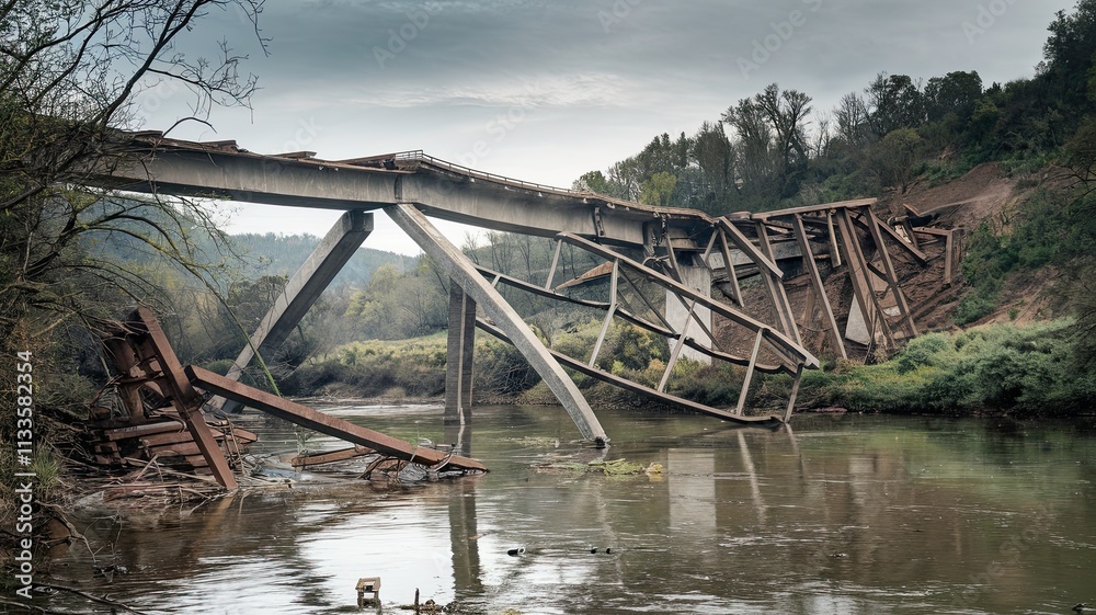 Fototapeta premium Collapsed Bridge Over River with Broken Beams and Debris After War