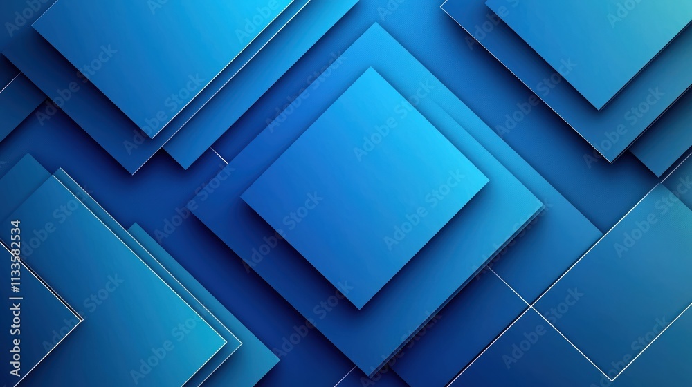 Fototapeta premium Abstract design with blue rectangles. Layered geometric shapes create depth. Modern graphic. Suitable for tech templates. Versatile background for various visual media. Ideal for presentation slides