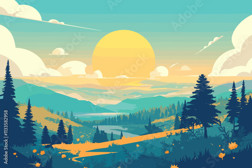 Beautiful landscape with a large sun in the sky