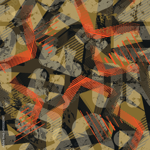 Grunge geometric vector seamless pattern with brush strokes, curved lines, stripes. Colorful background in grungy textured print for sport textile, clothes, wrapping paper. Chaotic ornament