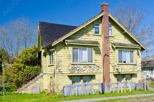 House in disrepair in Summer in Vancouver, Canada, North America. Day time on June 2024.