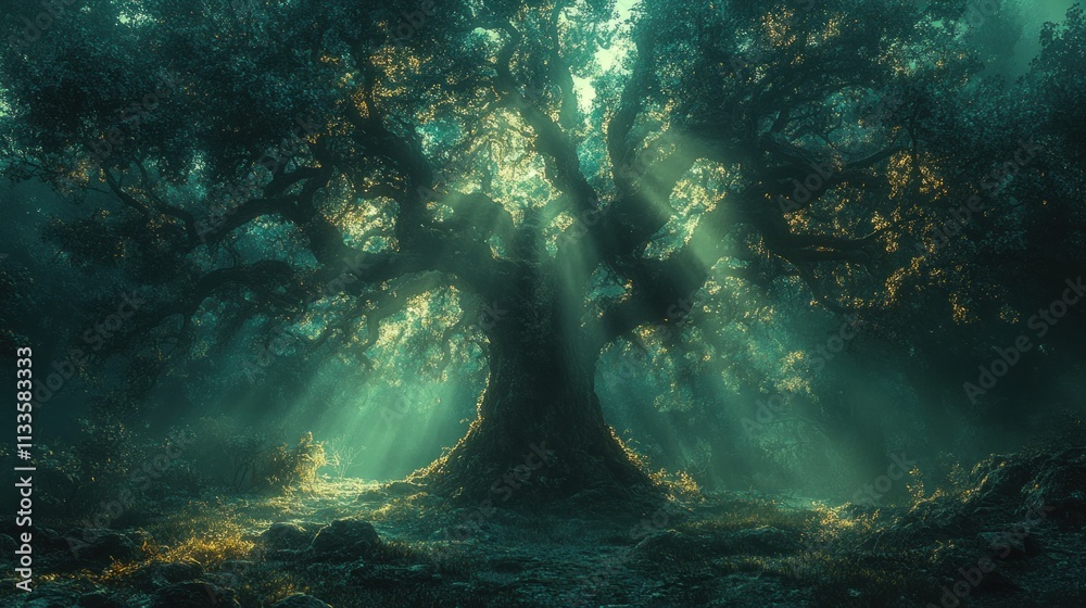 Obraz premium Enormous ancient tree, sunlit forest, mystical.