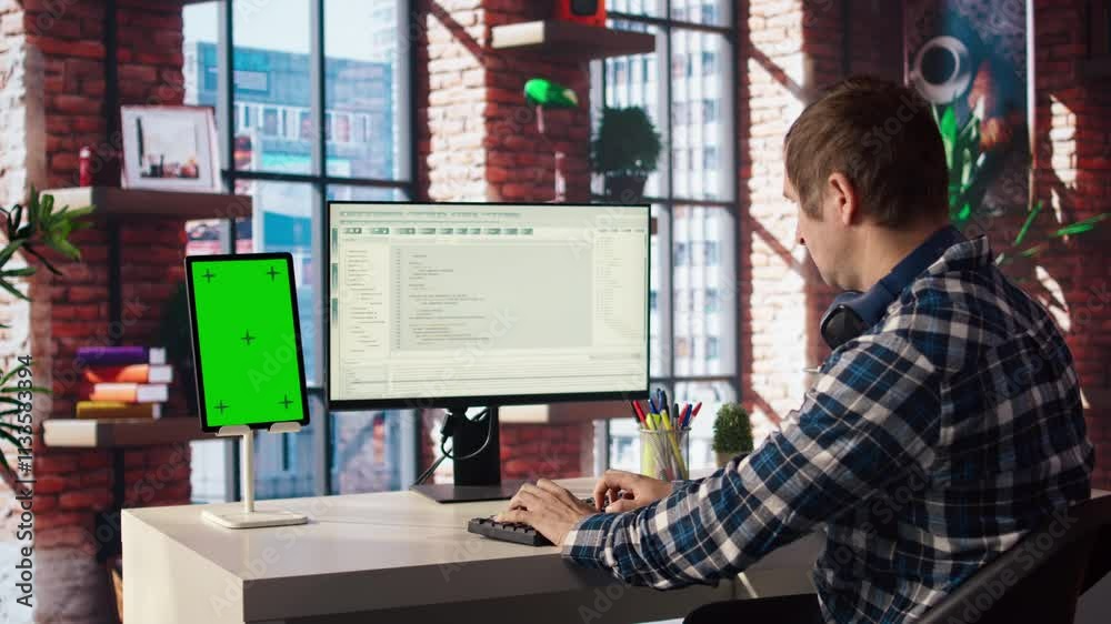 Programmer at desk typing code into computer, developing software programs, consulting green screen tablet. Man in home office fixing errors in application using chroma key device and PC, camera A