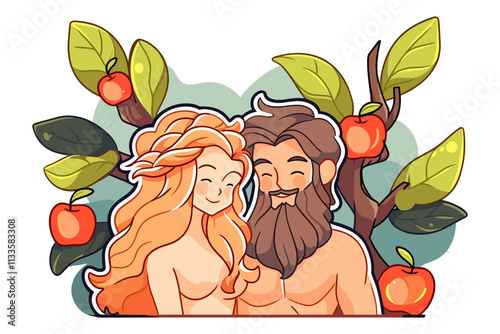 Man and woman are hugging in a drawing of the story of Adam and Eve