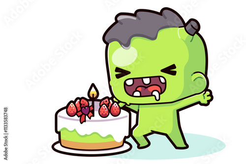 Cartoon character is holding a green cake with candles on it