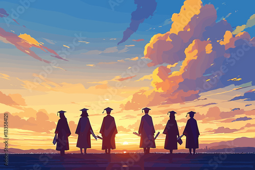 Group of people are standing in front of a sunset