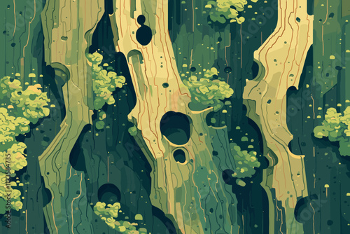 Tree with holes in it and green leaves