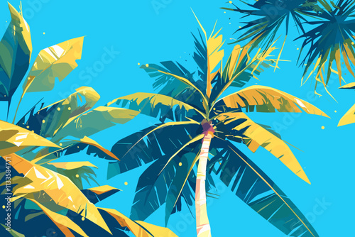 Painting of a palm tree with a blue sky in the background