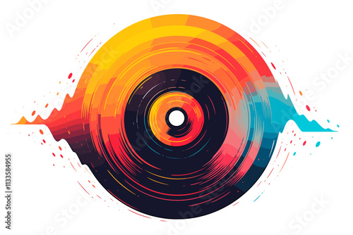 Colorful circle with a hole in the middle. The circle is surrounded by mountains. The circle is on a white background. flat vector illustration