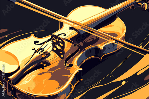 Violin is shown in a painting with a brown color. The painting is in a black background. flat vector illustration