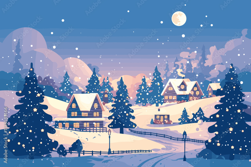 Fototapeta premium Winter scene with a house and a tree with a snowman on it. The snowman is wearing a hat and a scarf. flat vector illustration