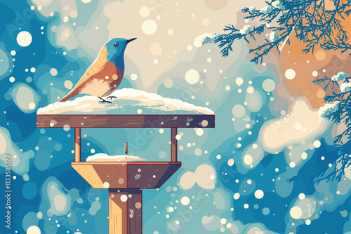 Bird is sitting on a bird feeder in the snow. The feeder is on a wooden post. flat vector illustration