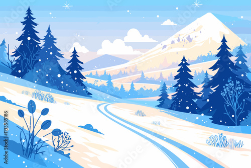 Snowy mountain range with a road running through it. Trees are visible on both sides of the road. flat vector illustration