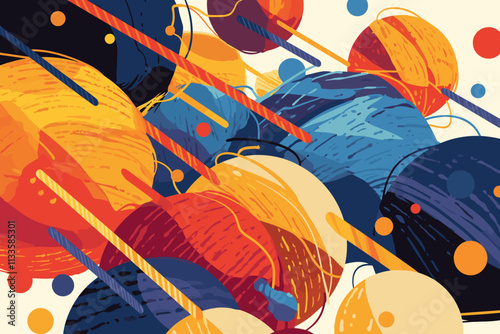 Colorful drawing of yarn balls with a blue and orange one in the middle. The balls are scattered all over the drawing. flat vector illustration