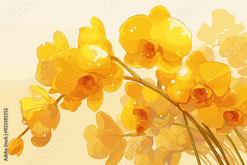 Yellow flower with a red center. The flower is in the middle of a yellow background. There are several flowers in the image. flat vector illustration