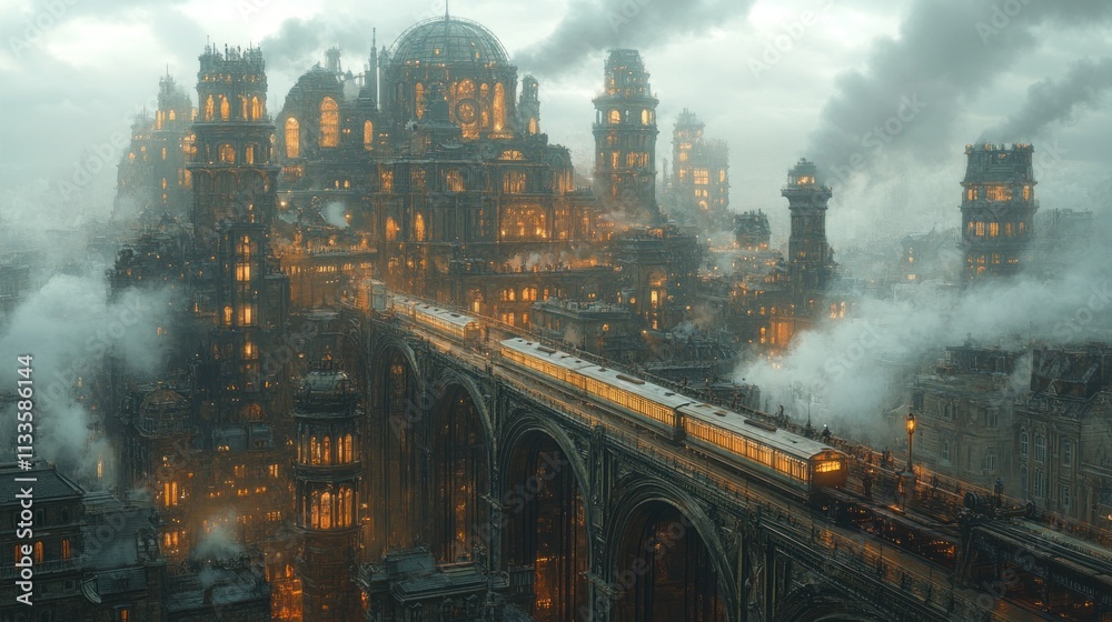 Fototapeta premium Steampunk city, train on bridge, foggy atmosphere.