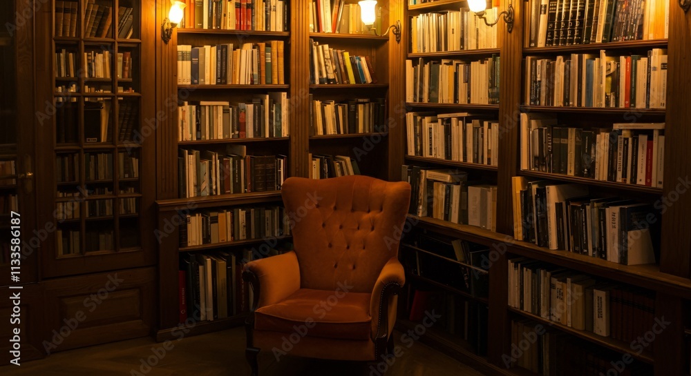 A cozy library interior with shelves full of books and a comfortable reading chair A cozy library interior with shelves full of books and a comfortable reading chair