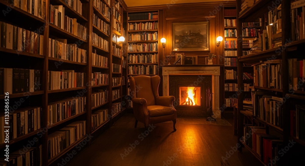 A cozy library interior with shelves full of books and a comfortable reading chair A cozy library interior with shelves full of books and a comfortable reading chair