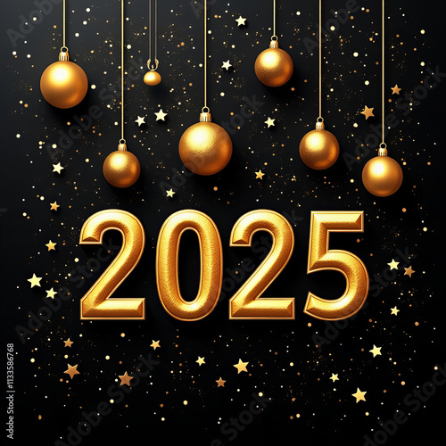 A festive Christmas greeting card design with a gold star, snowflakes, and a decorated winter tree, perfect for celebrating the New Year 2025 photo