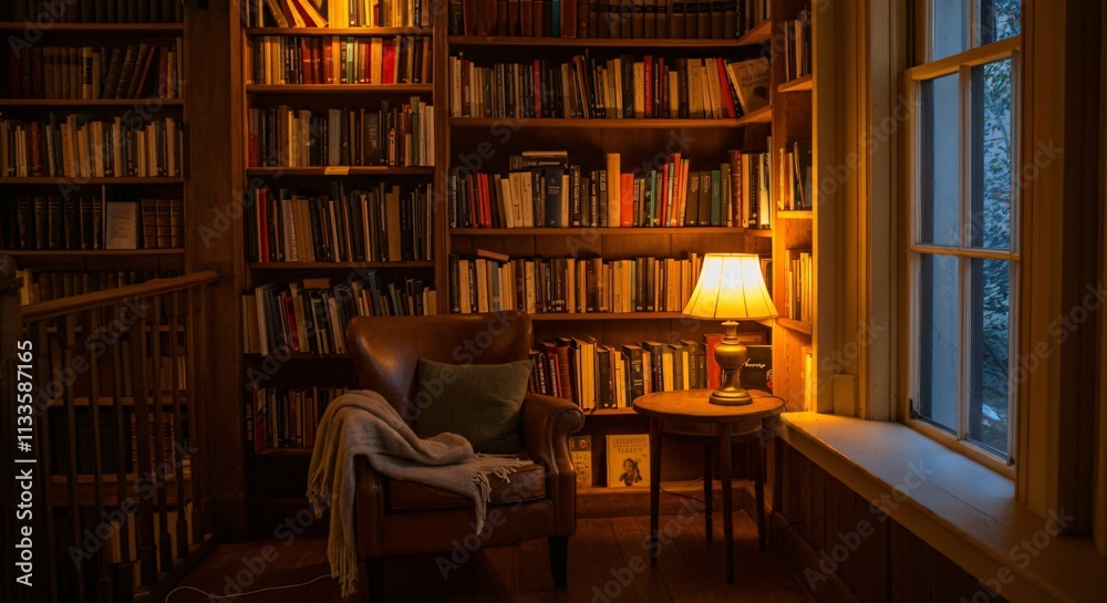 A cozy library interior with shelves full of books and a comfortable reading chair A cozy library interior with shelves full of books and a comfortable reading chair