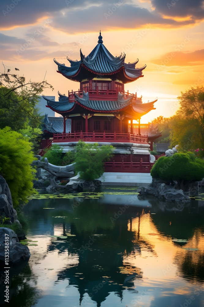 Naklejka premium Magical Sunset Over the Ancient Asian Pagoda: A Fusion of Architecture and Nature's Splendor